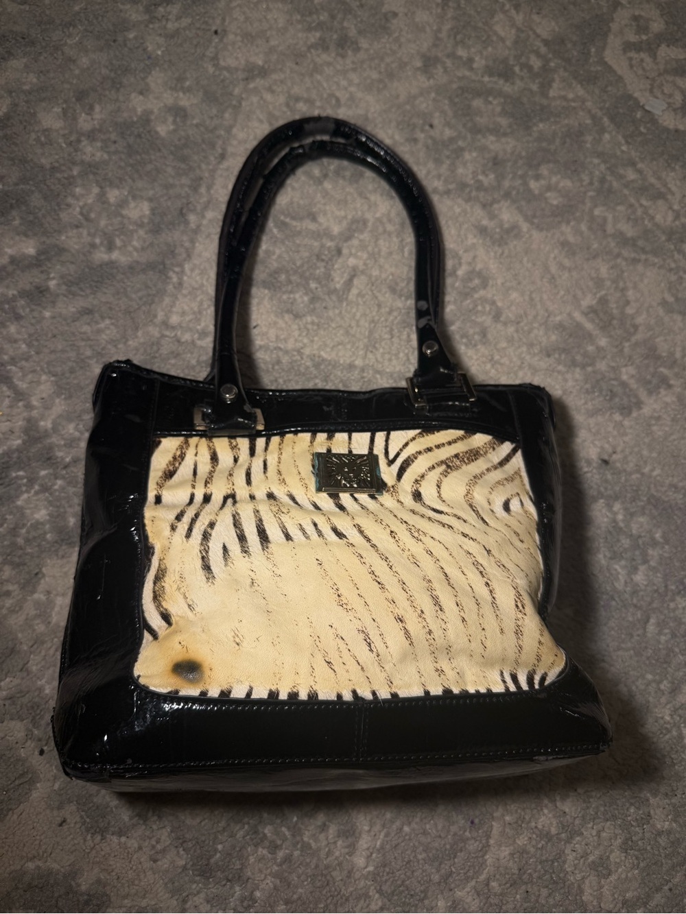Y2K Vintage Black Patent Tote with Cream Zebra Print Panel